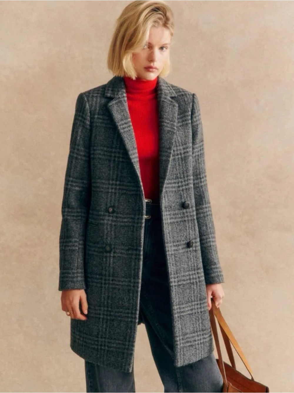Sézane Wool Coat in Gray Check FR:36 US:4 Small
